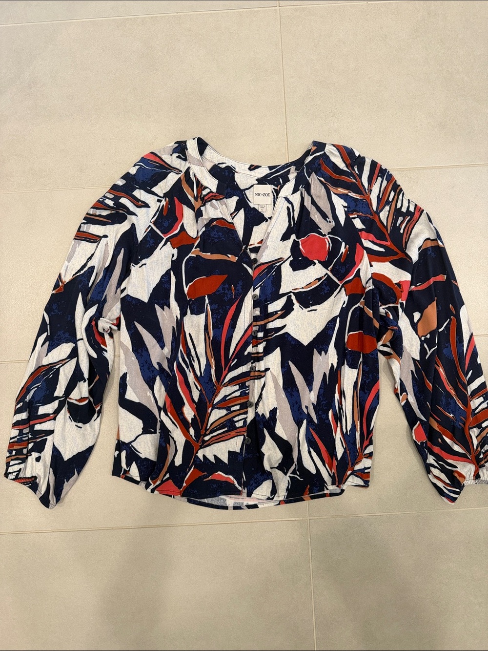 NIC+ZOE Navy, Red & Cream Abstract Leaf Print Blouse